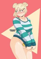 1girls ass balls blushing bottomless chastity chastity_cage chubby covering_crotch embarrassed female flat_chastity_cage heterochromia penis subspaceskater sweater tagme top_only