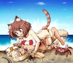 2021 2girls :d all_fours anger_vein angry animal_ear_fluff animal_ears artist_name asymmetrical_docking azuki_(nekopara) azuki_(sayori) back ball barefoot beach beachball bell bikini black_bikini black_nails blonde_hair blue_eyes blue_sky blush breast_press breasts brown_eyes brown_hair cat_ears cat_girl cat_hair_ornament cat_tail catfight choker cleavage clenched_teeth clothes_theft coconut_(nekopara) commentary_request commission cowgirl_position crab dark-skinned_female dark_skin dated day eye_contact fangs feet female/female female_on_female female_only fighting full_body girl_on_girl hair_between_eyes hair_ornament hair_spread_out heterochromia holding_hands interlocked_fingers jingle_bell knees_up large_breasts long_hair looking_at_another lying medium_hair multiple_girls nail_polish neck_bell nekopara ocean on_back open_mouth orange_bikini orange_nails outdoors purple_choker red_choker side-tie_bikini_bottom sidelocks sky slit_pupils smile smug stalkingp straight_hair swimsuit swimsuit_theft tail tail_raised teeth theft tiptoes toenail_polish toenails toes topless tsurime two_side_up unworn_bikini_top v-shaped_eyebrows waves yellow_eyes yuri