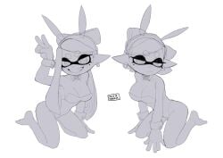 2girls beauty_mark big_breasts breasts bunny_ears bunny_girl bunnysuit callie_(splatoon) cleavage feet feet_in_stockings hi_res looking_at_viewer marie_(splatoon) official_alternate_hairstyle on_knees orlycuster pantyhose peace_sign pie_orly smile splatoon splatoon_(series) splatoon_3 tagme