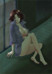 barefoot breasts brown_eyes brown_hair dress_shirt feet female highres large_breasts nipples no_pants open_clothes open_shirt see-through sengoku_musou sengoku_musou_2 shirt short_hair sitting solo tachibana_ginchiyo tukibou