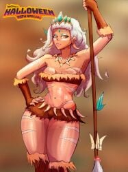 bedbug_(artist) cavewoman cosplay costume costume_switch gloves league_of_legends leather nidalee orange_eyes qiyana_yunalai shorts spear tanned white_hair wide_hips