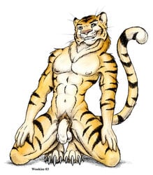 1boy 2003 anthro balls feline flaccid fur furry kneeling male male_only nude penis solo tiger uncut wooky year