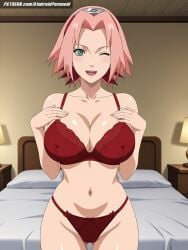 ai_generated aindroidparanoid ass bed bedroom big_ass big_breasts bra breasts busty cameltoe curvy fat_ass female female_only flirting green_eyes hips huge_ass huge_breasts indoors large_ass large_breasts lingerie naruto naruto_(classic) naruto_(series) naruto_shippuden ninja nipples panties pink_hair pussy sakura_haruno seductive sensual short_hair spiky_hair squeezing_breast stable_diffusion voluptuous wide_hips