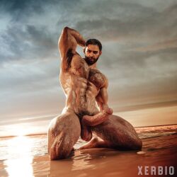 1boy 3d 3d_(artwork) abs armpit_hair beard big_penis black_hair capcom chris_redfield dark_hair erect_penis facial_hair hairy hairy_armpits hairy_chest hairy_male hand_behind_head hand_on_head male male_focus male_only muscular muscular_male posing pubic_hair resident_evil solo solo_focus solo_male xerbio