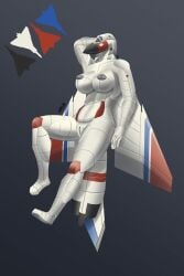 aeromorph affront aircraft anthro avro_arrow big_breasts breasts cf-105 eyeless female genitals gradient_background hand_behind_head hi_res living_aircraft living_machine living_vehicle machine nipples pussy signature simple_background solo vehicle white_body