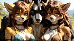 1boy 2girls ai_generated anthro anthro_female anthro_male clothed furry_female furry_male tribal