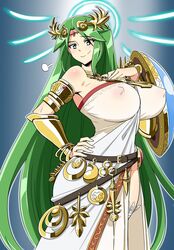 1girls armor armpits aura bare_shoulders belt big_breasts blue_background blue_eyes bracelet breasts cleavage clothed deity dress erect_nipples eye_contact eyelashes female female_only goddess green_eyes green_hair hair_ornament hairband hand_on_chest hand_on_hips heavy_breathing huge_breasts jewelry kid_icarus long_hair looking_at_viewer matsu-sensei necklace nintendo nipples nipples_visible_through_clothing palutena sexually_suggestive shield sideboob smile solo standing thick_thighs thighhighs very_long_hair white_thighhighs wide_hips