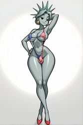 1futa 1girls ai_generated american_flag_bikini armpit bikini breasts bulge colored_skin crossed_ankles female futanari gradient_background grey_background hand_behind_head hand_on_hip high_heels jimojo lady_liberty legs_together narrow_waist navel no_sclera red_shoes shiny_skin skindentation slim_waist sling_bikini slingshot_bikini slingshot_swimsuit small_waist solo solo_futa stable_diffusion star_earrings statue_of_liberty toon_(style) toony white_background wide_hips