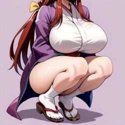 ai_generated breasts breasts_bigger_than_head gigantic_breasts hairbow head_out_of_frame huge_breasts japanese_clothes kimono kotohime kotohime_(touhou) low-tied_long_hair out_of_frame plump_thighs ponytail purple_coat purple_kimono red_hair sandals sidelocks squat squatting squatting_position thick_thighs thighs touhou touhou_(pc-98) white_kimono white_socks yellow_bow