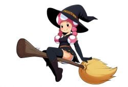 aged_up ai_generated black_eyes female_focus mario_(series) mushroom_humanoid nintendo novelai pink_hair riding_broom simple_background super_mario_bros. toadette twin_braids white_background witch_costume