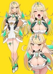 1girls absurdres bare_legs bare_shoulders blonde_hair blush breasts chest_jewel cleavage cleavage_cutout clothing_cutout core_crystal downblouse dress female flipped_bangs full_body gloves hands_on_own_chest headpiece highres large_breasts leaning_forward light_blush long_hair looking_at_viewer microdress multiple_views mythra mythra_(xenoblade) open_mouth oral_invitation short_dress smile symbol-shaped_pupils thigh_strap tongue tongue_out upper_body uvula white_dress white_gloves xenoblade_chronicles_(series) xenoblade_chronicles_2 yellow_eyes yoshikirino