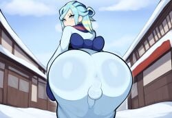 1boy ass balls big_ass bubble_butt dat_ass dress femboy femboy_only grusha_(pokemon) gym_leader japanese_clothes kimono mullon pokemon pokemon_sv see-through snow testicles that_ass_was_fat town trap