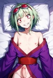 1boy 1femboy ahoge ai_generated apple_green_hair bed bed_sheet blossomtea civitai collarbone constricted_pupils eyebrows eyebrows_visible_through_hair eyelashes eyelashes_visible_through_hair fangs femboy flaccid flaccid_penis genderswap_(ftm) goggles goggles_on_head green_hair grin head_tilt japanese_clothes kimono light_green_hair masa_works_design medium_hair medium_length_hair obi oerba_yun_fang on_bed oni_to_kitsune_no_hanashi otoko_no_ko penis pillow purple_kimono red-tinted_eyewear red_eyes red_goggles red_obi red_sash rule_63 sash scrotum self_upload teeth the_doll_owner_(onibi_series) tinted_eyewear white_bed_sheet white_pillow