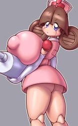 ass blue_eyes brown_hair clothed clothing female female_focus female_only higuma huge_breasts light-skinned_female light_skin looking_back meddy nipples nude nurse_cap nurse_uniform robopon robot_girl tagme voluptuous wide_hips