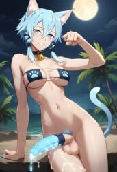 1futa ai_generated animal_ear_fluff animal_ears arm_raised balls beach bell_collar bikini_top bikini_top_only blue_hair blush bottomless bottomless_futanari breasts cat_ears cat_pose cat_tail catgirl cock_sleeve_(clothes) cock_sock collar cowboy_shot cum cum_drip cum_dripping_from_penis cum_on_penis cum_on_thighs dark_cultist dickgirl erect_penis erection eyepatch_bikini futa_only futa_sans_pussy futanari kemonomimi leaning_on_hand legs_together looking_at_viewer medium_breasts moon moonlight mostly_nude navel night night_sky nipples open_mouth outdoors palm_tree palm_trees penis penis_sleeve self_upload short_hair sidelocks sinon smile solo solo_futa standing sword_art_online tail water