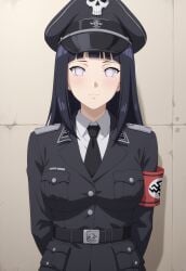 ai_generated arms_behind_back big_breasts black_hair civitai hat headware hyuuga_hinata hyuuga_hinata large_boobs large_breasts military military_uniform naruto naruto_(series) naruto_shippuden no_pupils purple_eyes warden