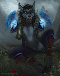 armor black_hair black_nose breasts castle claws clothing clouds female flower gloves grass hair licking looking_at_viewer mountain nipples open_mouth outside pants pussy pussy_juice shinigamigirl sitting solo spread_legs spreading teeth tongue unconvincing_armor video_games warcraft wings worgen world_of_warcraft yellow_eyes