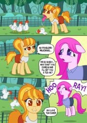 2futas :milkshake agentredgirl butterball chicken clothes comic futanari light_pink_skin light_yellow_skin my_little_pony pink_hair pink_skin workout yellow_skin yellowish_orange_hair