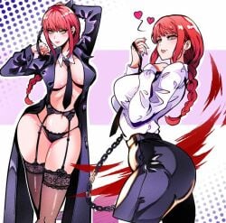 big_ass big_breasts chains chainsaw_man heart hfxpins lace_trim makima_(chainsaw_man) no_bra panties red_hair seductive_smile stockings trench_coat white_shirt yellow_eyes