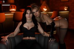 2girls 3d black_hair black_pants black_stockings black_thong black_topwear blender blonde_hair choker enigmaj jack-o'-lantern leather_gloves light-skinned_female liv_morgan looking_at_viewer pumpkin rhea_ripley tattoos wwe wwe_diva