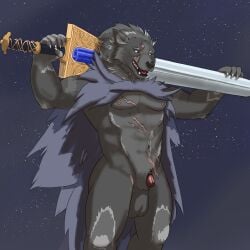 animal_genitalia animal_penis anthro bashka blaidd_(elden_ring) canid canine canine_genitalia canine_penis canis cape clothing elden_ring fromsoftware genitals magic_weapon male male_only mammal melee_weapon muscular muscular_anthro muscular_male night nude penis scar sheath smile solo standing sword tagme unusual_eyes weapon wolf