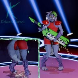 3d_(artwork) absurd_res anthro blender_(artwork) blender_eevee bodily_fluids bottomwear canid canine canis clothing digital_media_(artwork) female five_nights_at_freddy's five_nights_at_freddy's:_security_breach fur genital_fluids grey_body grey_fur hair hi_res keyboard_instrument keytar khaosclaws long_hair mammal musical_instrument omorashi pee_accident peeing peeing_self roxanne_wolf scottgames shaking shorts solo stage stage_fright stage_lights steel_wool_studios trembling urination urine watersports wetting wolf