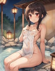 1girl ai_generated at blush breasts covered_nipples covering_breasts hair kono_subarashii_sekai_ni_shukufuku_wo! lantern looking megumin night onsen outdoors shiny short sitting skin sky small solo steam thighs towel viewer water watermark wet