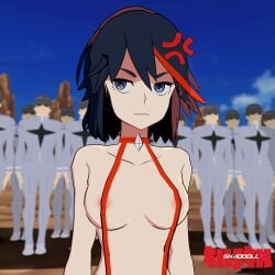 1girls 3d absurd_res angry angry_expression angry_face anime anime_style areolae barely_clothed bikini black_hair blue_eyes cel_shading hair_highlights high_quality high_resolution highres ignoring kill_la_kill looking_away matoi_ryuuko micro_bikini nipples red_highlights shaddoll_x short_hair straps tomboy