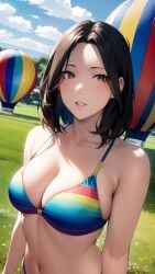 1girls ai_generated ai_mirror belly_button blush brown_eyes brown_hair field grass grass_field half_body hot_air_balloon looking_at_viewer medium_breasts medium_hair rainbow_underwear standing trees white_skin