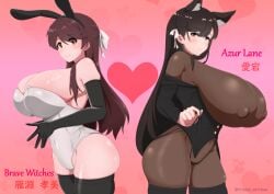 2girls animal_ears atago_(azur_lane) azur_lane brave_witches bunnysuit elbow_gloves enormous_breasts friend_witches_(hiroki_gunsoo/wanwan_030) huge_breasts karibuchi_takami large_breasts long_hair strike_witches world_witches_series