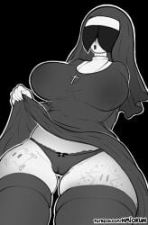 big_breasts big_thighs black_hair black_lipstick black_panties cameltoe goth goth_girl gothic hair_over_eyes lifting_skirt lingerie lipstick looking_at_viewer luma mario_(series) nun nun's_habit nun_outfit panties princess princess_rosalina solo solo_female super_mario_galaxy tattoo tight_clothing underwear