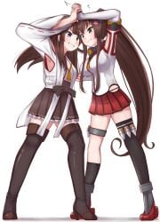 2girls ahoge black_legwear boots brown_eyes brown_hair brown_skirt catfight cherry_blossoms commentary_request detached_collar detached_sleeves double_bun eye_contact female_focus flower grey_eyes hair_flower hair_ornament headgear highres hip_vent japanese_clothes kantai_collection kongou_(kantai_collection) long_hair looking_at_another matching_hair/eyes motion_blur multiple_girls pleated_skirt ponytail red_skirt ribbon-trimmed_sleeves ribbon_trim simple_background single_thighhigh skirt standing thigh_boots thighhighs tiemu_(man190) white_background yamato_(kantai_collection)