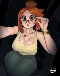 ass big_ass big_breasts big_thighs breasts breasts cleavage dark_background ginger glasses hand_on_glasses hips holding holding_phone massive_ass necklace oc orange_hair original original_character rayschera rosalia_(rayschera) surprise tagme thick_thighs thighs tied_hair voluptuous voluptuous_female waist