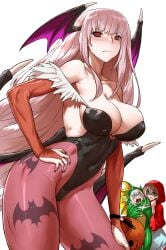 3girls b.b._hood b.b._hood_(cosplay) black_leotard breasts cleavage cosplay darkstalkers gawr_gura haraya_manawari highres hololive hololive_english large_breasts leotard looking_at_viewer mori_calliope morrigan_aensland morrigan_aensland_(cosplay) multiple_girls pantyhose pink_hair purple_pantyhose red_eyes rikuo_(darkstalkers) rikuo_(darkstalkers)_(cosplay) simple_background strapless strapless_leotard virtual_youtuber watson_amelia white_background