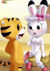 1boy 1girls anthro ass bbmbbf blush breasts erection female fur34 lagomorph male male/female mimi-lynne nipples nude open_mouth palcomix penis pussy rabbit shima_shima_tora_no_shimajirou shimajiro teeth tiger tongue