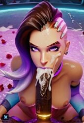 ai_generated big_ass big_breasts black_male bra cameltoe cock_ring cum cum_in_mouth cum_on_face latina multicolored_hair overwatch overwatch_2 pornlandlord purple_background purple_eyes shorts sombra thick thick_thighs wet