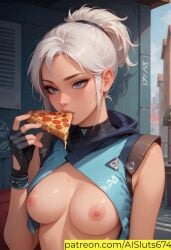 ai_generated ai_sluts breasts eating jett_(valorant) pizza sole_female valorant white_hair