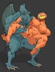 anal anal_sex balls bara boner cthulhu erection gay halloween jack-o'-lantern male male_only muscles muscular nude penis posduroo pumpkin pumpkin_head sex