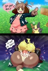2025 absurd_res ai_generated anthro anthro_penetrated anus ass balls big_butt bodily_fluids canid canine clothed clothing cum cum_in_pussy cum_inside dialogue digby_(animal_crossing) domestic_dog duo english_text female female_penetrated from_front_position fur generation_8_pokemon genital_fluids genitals gesture hair heart hearts_around_head hearts_around_text hellsonger hi_res instant_loss_2koma jacket looking_pleasured lying male male/female male_penetrating male_penetrating_female mammal marnie_(pokemon)_(cosplay) mating_press morpeko motion_lines necklace nintendo on_back open_mouth penetration penile penile_penetration penis pointing pointy_speech_bubble pokemon pokemon_(species) rule_63 sex sound_effects speech_bubble text text_with_heart thick_thighs vaginal_penetration vaginal_penetration yellow_body