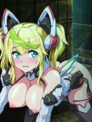 1girls blue_eyes blush breasts gene_(pso2) half-dressed half_naked nervous open_mouth phantasy_star phantasy_star_online_2 pudding_delices twintails yellow_hair