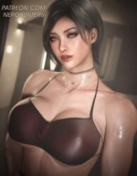 1girls ada_wong ada_wong_(adriana) big_breasts black_hair bra breasts cleavage eyeshadow female looking_at_viewer necklace nerohunter6 resident_evil short_hair solo sweat sweaty underboob wet_skin yellow_eyes