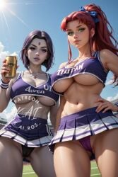 2girls absurd_res ai_generated aicheerleaderchallenge alien_girl beer beer_can cameltoe green_eyes hi_res highres k_ai_ros_ long_hair looking_at_viewer no_bra panties purple_eyes purple_hair raven_(teen_titans) red_hair short_hair short_skirt short_top starfire teen_titans underboob watermark