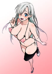 blue_eyes breasts earrings elizabeth_liones female hair_over_one_eye jewelry looking_at_viewer nanatsu_no_taizai nipples silver_hair single_thighhigh solo thighhighs usaginagomu white_hair