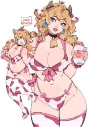 1girls big_breasts bra cow_horns cow_print cowbell kamii_momoru nintendo panties princess_peach super_mario_bros. thighhighs