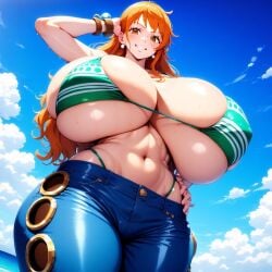 1girls ai_generated big_breasts bikini bikini_top breasts breasts_bigger_than_head curvy curvy_body curvy_figure denim denim_clothing exposed_shoulders female female_only huge_breasts hyper hyper_breasts jeans large_breasts light-skinned_female light_skin long_hair massive_breasts minmin nami nami_(one_piece) one_piece pants revealing_clothes shonen_jump shorts sideboob solo solo_focus swimsuit swimwear thick_thighs thighs tight_clothing underboob voluptuous voluptuous_female