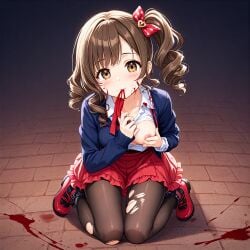 ai_generated blood blood_on_face breasts brown_eyes brown_hair female medium_breasts one_breast_out ponytail red_shoes red_skirt solo_female torn_pantyhose young younger_female