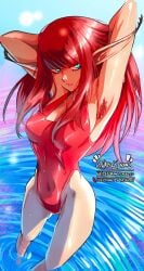 1girls 2024 2d 2d_(artwork) armpit_hair armpits arms_up artist_name athletic athletic_female atlus bangs blue_eyes breasts busty eiselin_hulkenberg elf elf_ears elf_female female female_focus female_only hands_behind_head haysey_draws hourglass_figure hulkenberg long_ears long_hair mascara medium_breasts metaphor:_refantazio navel one-piece_swimsuit outdoors outside pinup pinup_pose pointy_ears red_hair red_one-piece_swimsuit red_swimsuit sega solo swimsuit tagme water wet wet_body wet_skin wide_hips