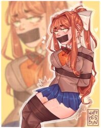 animegirl arms_behind_back bondage cum_on_thighs doki_doki_literature_club duct_tape duct_tape_gag eyes_rolling_back lewd_expression monika_(doki_doki_literature_club) thick_thighs vibrator_under_clothes video_game_character