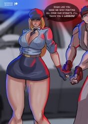 1boy 1girls big_breasts blonde_hair blue_eyes breasts breasts_bigger_than_head cammy_white cleavage colacat95 english_text female female_focus huge_breasts large_breasts male patreon_username police police_uniform policewoman ryu_(street_fighter) speech_bubble street_fighter tagme text text_bubble twitter_link