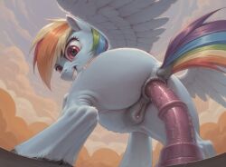 ai_generated animal_genitalia animal_pussy anus blue_body blue_fur dildo equine_genitalia equine_pussy female feral friendship_is_magic grin hasbro my_little_pony pink_eyes rainbow_dash_(mlp) rainbow_hair sex_toy smile